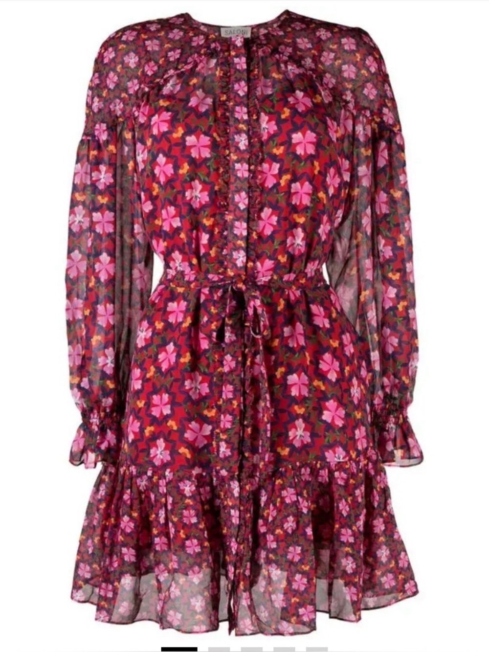 Saloni Floral Print Ruffle Waist Belt Mini Sheer Dress